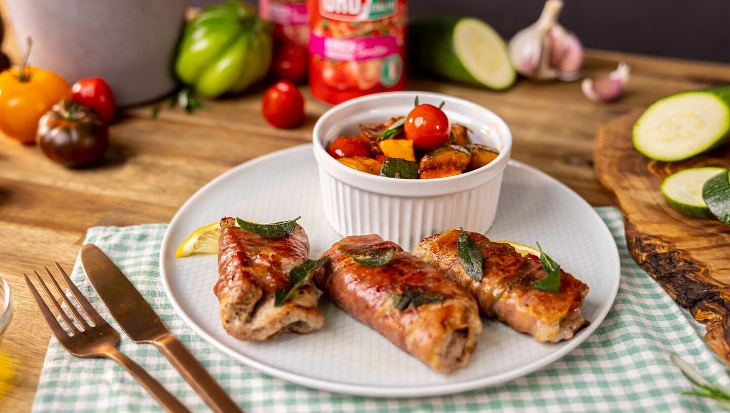 Saltimbocca alla romana with Mediterranean vegetables
