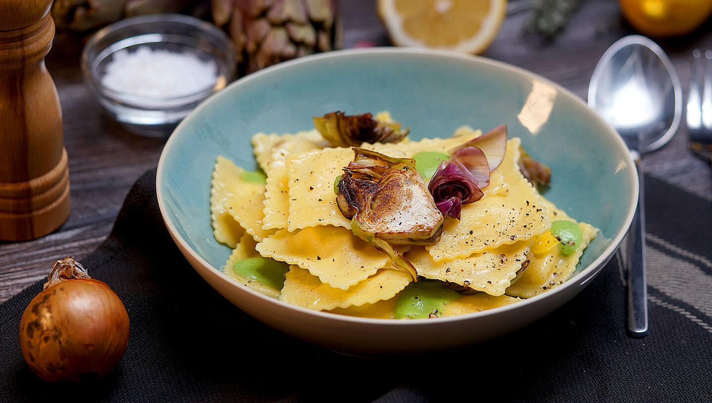Italian Ravioli with Pecorino Filling, Creamed Peas, and Artichokes