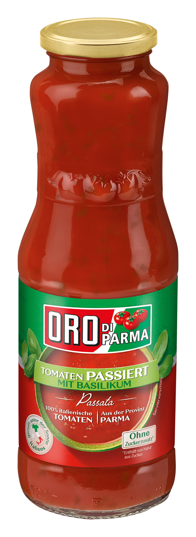 Passierte Tomaten mit Basilikum in der Glasflasche