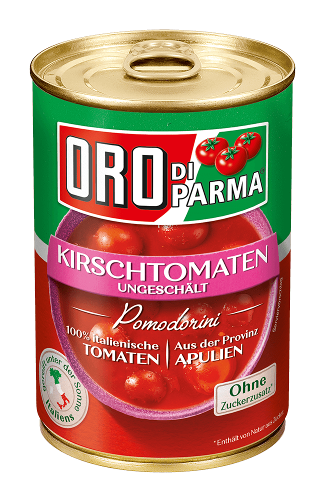Unpeeled cherry tomatoes from ORO d´Italia in a 425ml can.