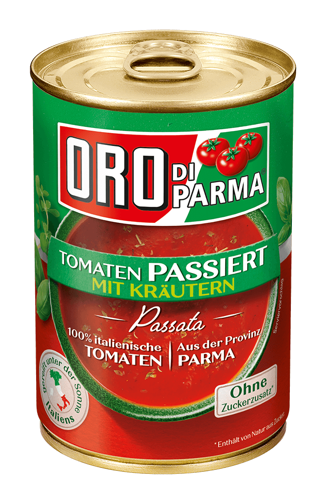 Strained tomatoes with herbs from ORO di Parma in a 425ml can.