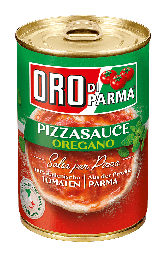 Pizza sauce with oregano from ORO di Parma in a 425ml can.