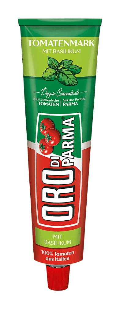 Tomato paste with basil from ORO di Parma in a 200g tube.